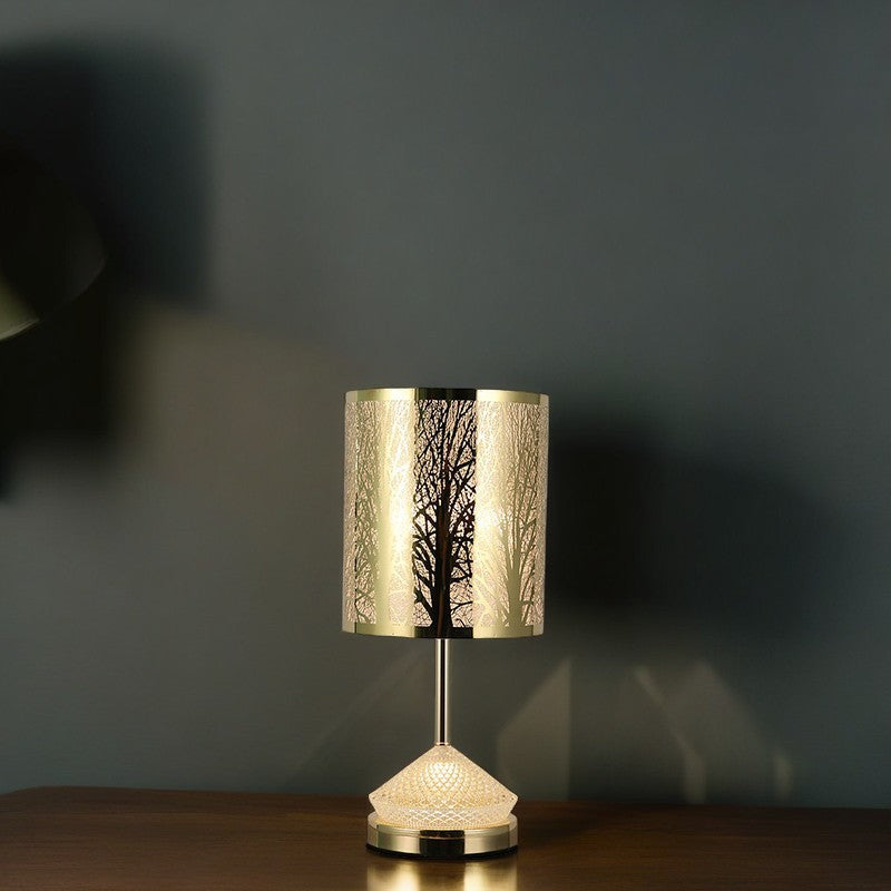 Modern Transitional Metal Stainless Steel &amp; Acrylic Pillar With Forest Roman Pattern 1-Light LED Table Lamp For Bedroom &amp; Study