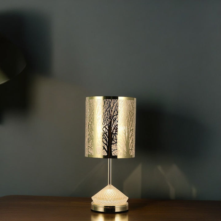Modern Transitional Metal Stainless Steel &amp; Acrylic Pillar With Forest Roman Pattern 1-Light LED Table Lamp For Bedroom &amp; Study
