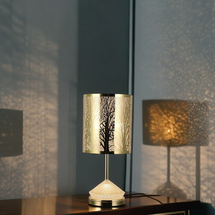 Modern Transitional Metal Stainless Steel &amp; Acrylic Pillar With Forest Roman Pattern 1-Light LED Table Lamp For Bedroom &amp; Study