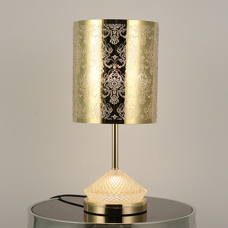 Modern Transitional Metal Stainless Steel &amp; Acrylic Pillar With Forest Roman Pattern 1-Light LED Table Lamp For Bedroom &amp; Study