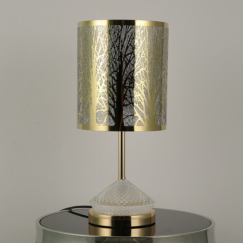 Modern Transitional Metal Stainless Steel &amp; Acrylic Pillar With Forest Roman Pattern 1-Light LED Table Lamp For Bedroom &amp; Study