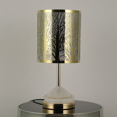 Modern Transitional Metal Stainless Steel & Acrylic Pillar With Forest Roman Pattern 1-Light LED Table Lamp For Bedroom & Study