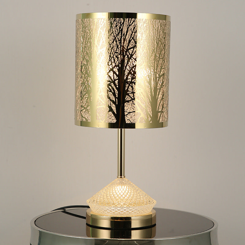 Modern Transitional Metal Stainless Steel &amp; Acrylic Pillar With Forest Roman Pattern 1-Light LED Table Lamp For Bedroom &amp; Study