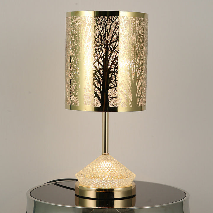 Modern Transitional Metal Stainless Steel &amp; Acrylic Pillar With Forest Roman Pattern 1-Light LED Table Lamp For Bedroom &amp; Study
