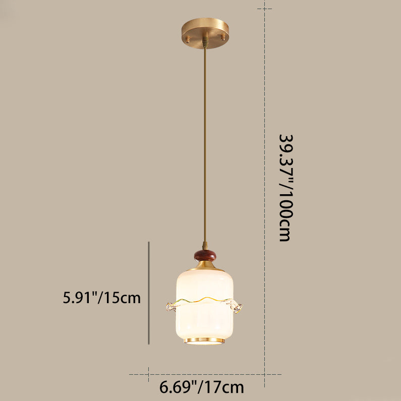 Traditional Chinese Brass Glass &amp; Wood Cylindrical Wavy Edge Fixture 1/3/5-Light Pendant Light For Dining Room &amp; Living Room