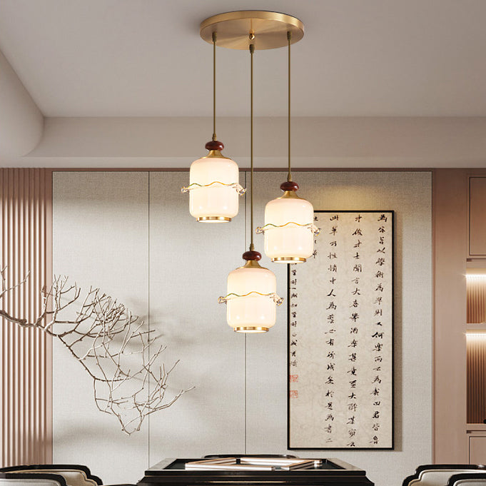 Traditional Chinese Brass Glass &amp; Wood Cylindrical Wavy Edge Fixture 1/3/5-Light Pendant Light For Dining Room &amp; Living Room