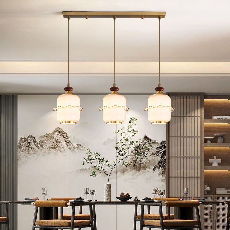 Traditional Chinese Brass Glass &amp; Wood Cylindrical Wavy Edge Fixture 1/3/5-Light Pendant Light For Dining Room &amp; Living Room