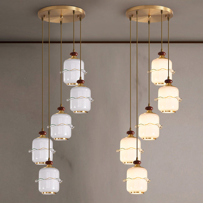 Traditional Chinese Brass Glass &amp; Wood Cylindrical Wavy Edge Fixture 1/3/5-Light Pendant Light For Dining Room &amp; Living Room