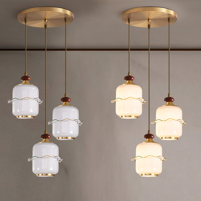 Traditional Chinese Brass Glass &amp; Wood Cylindrical Wavy Edge Fixture 1/3/5-Light Pendant Light For Dining Room &amp; Living Room