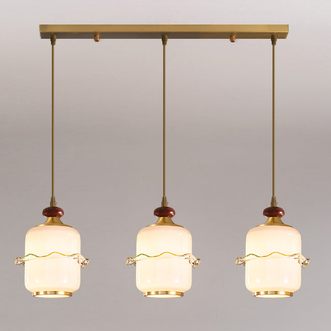 Traditional Chinese Brass Glass &amp; Wood Cylindrical Wavy Edge Fixture 1/3/5-Light Pendant Light For Dining Room &amp; Living Room