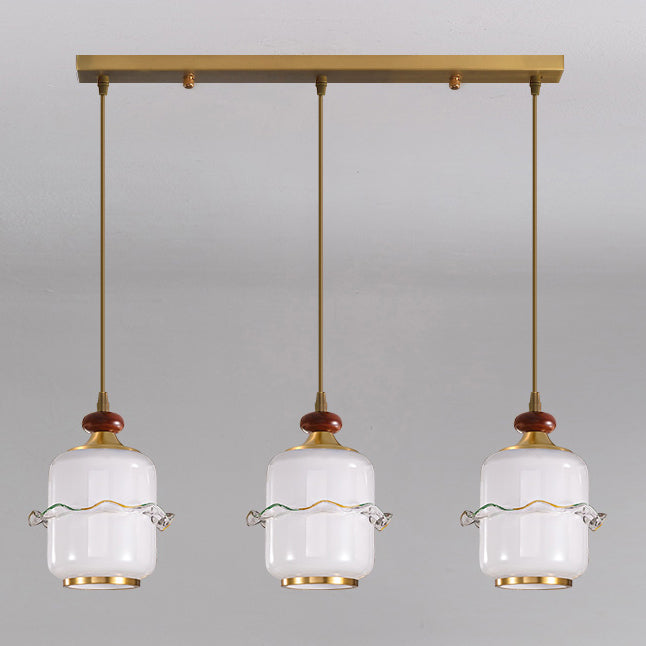 Traditional Chinese Brass Glass &amp; Wood Cylindrical Wavy Edge Fixture 1/3/5-Light Pendant Light For Dining Room &amp; Living Room