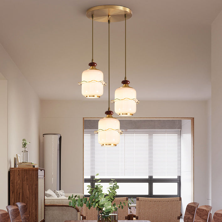 Traditional Chinese Brass Glass &amp; Wood Cylindrical Wavy Edge Fixture 1/3/5-Light Pendant Light For Dining Room &amp; Living Room