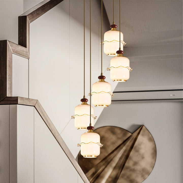 Traditional Chinese Brass Glass &amp; Wood Cylindrical Wavy Edge Fixture 1/3/5-Light Pendant Light For Dining Room &amp; Living Room