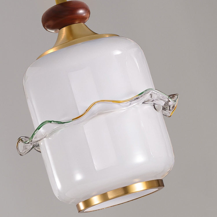 Traditional Chinese Brass Glass &amp; Wood Cylindrical Wavy Edge Fixture 1/3/5-Light Pendant Light For Dining Room &amp; Living Room