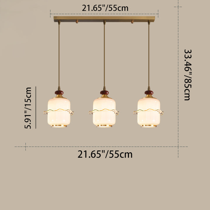 Traditional Chinese Brass Glass &amp; Wood Cylindrical Wavy Edge Fixture 1/3/5-Light Pendant Light For Dining Room &amp; Living Room