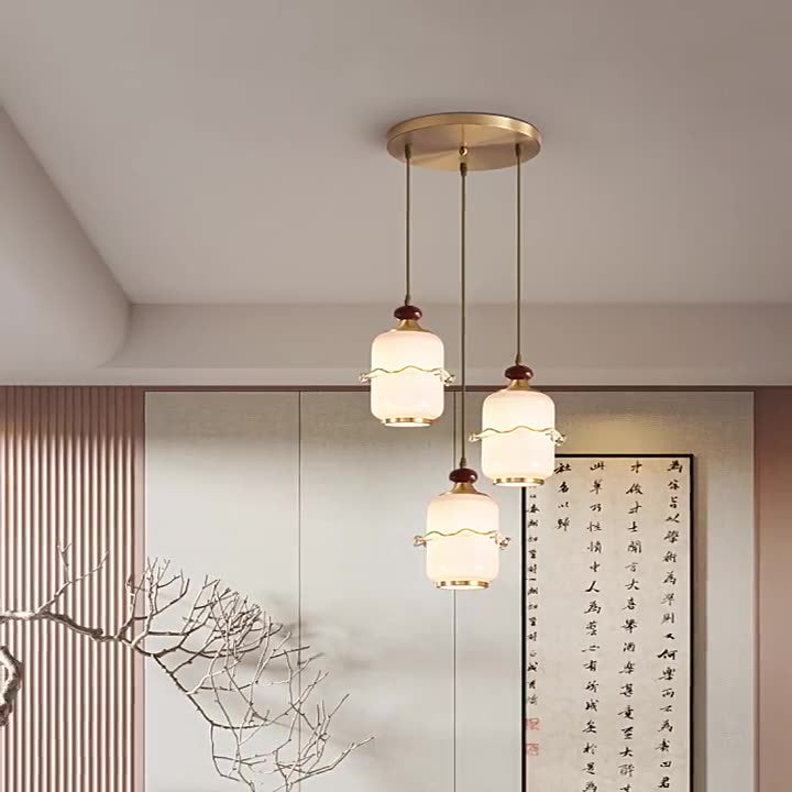 Traditional Chinese Brass Glass &amp; Wood Cylindrical Wavy Edge Fixture 1/3/5-Light Pendant Light For Dining Room &amp; Living Room