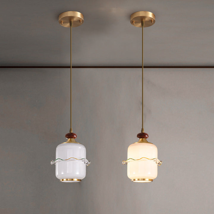 Traditional Chinese Brass Glass &amp; Wood Cylindrical Wavy Edge Fixture 1/3/5-Light Pendant Light For Dining Room &amp; Living Room