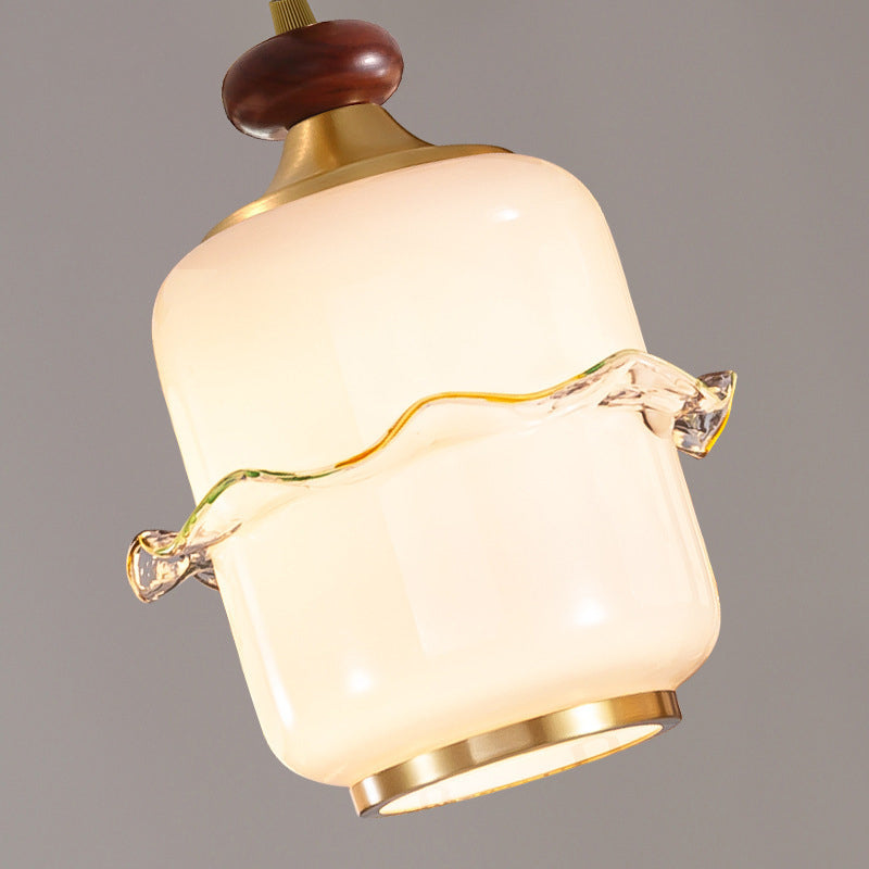 Traditional Chinese Brass Glass &amp; Wood Cylindrical Wavy Edge Fixture 1/3/5-Light Pendant Light For Dining Room &amp; Living Room