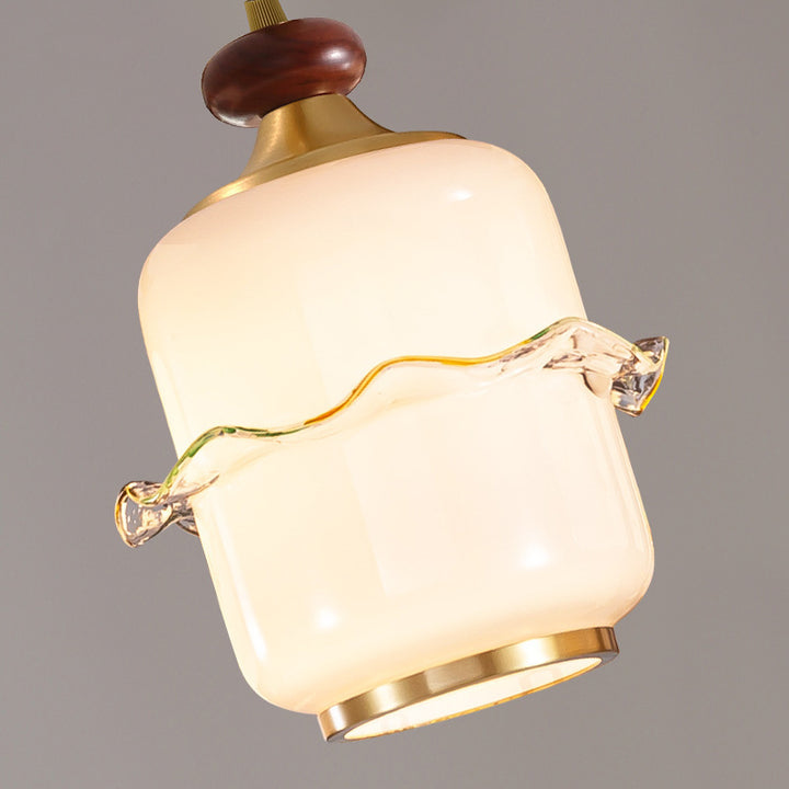 Traditional Chinese Brass Glass &amp; Wood Cylindrical Wavy Edge Fixture 1/3/5-Light Pendant Light For Dining Room &amp; Living Room
