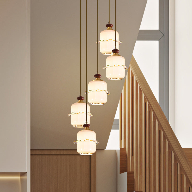 Traditional Chinese Brass Glass &amp; Wood Cylindrical Wavy Edge Fixture 1/3/5-Light Pendant Light For Dining Room &amp; Living Room