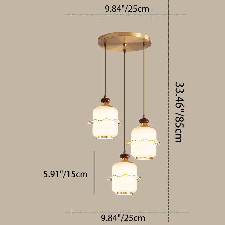 Traditional Chinese Brass Glass &amp; Wood Cylindrical Wavy Edge Fixture 1/3/5-Light Pendant Light For Dining Room &amp; Living Room