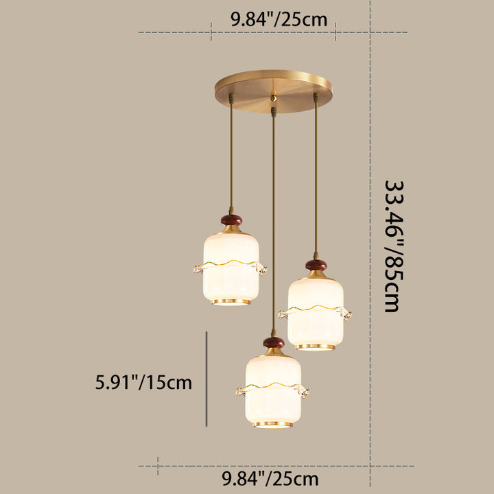 Traditional Chinese Brass Glass &amp; Wood Cylindrical Wavy Edge Fixture 1/3/5-Light Pendant Light For Dining Room &amp; Living Room