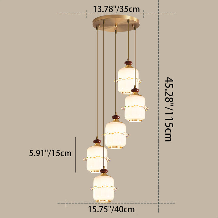 Traditional Chinese Brass Glass &amp; Wood Cylindrical Wavy Edge Fixture 1/3/5-Light Pendant Light For Dining Room &amp; Living Room