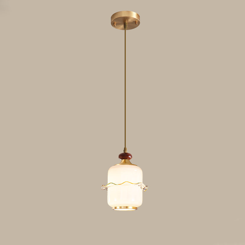 Traditional Chinese Brass Glass &amp; Wood Cylindrical Wavy Edge Fixture 1/3/5-Light Pendant Light For Dining Room &amp; Living Room