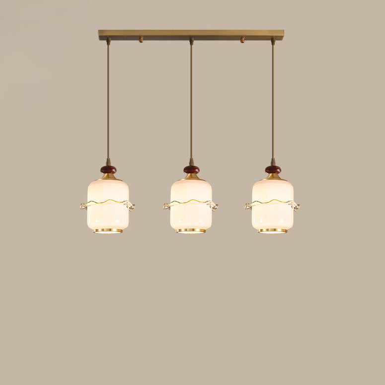 Traditional Chinese Brass Glass &amp; Wood Cylindrical Wavy Edge Fixture 1/3/5-Light Pendant Light For Dining Room &amp; Living Room