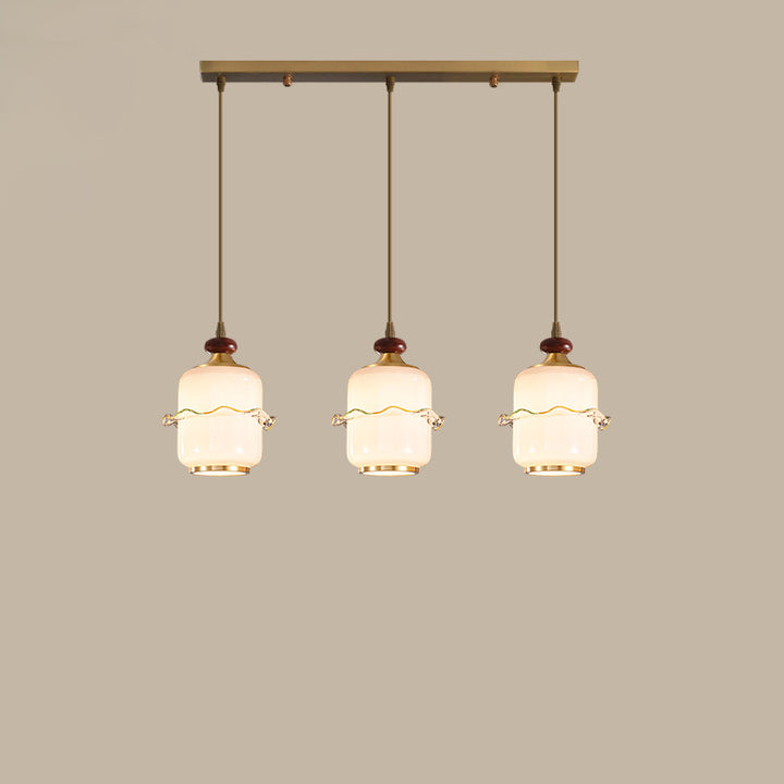 Traditional Chinese Brass Glass &amp; Wood Cylindrical Wavy Edge Fixture 1/3/5-Light Pendant Light For Dining Room &amp; Living Room