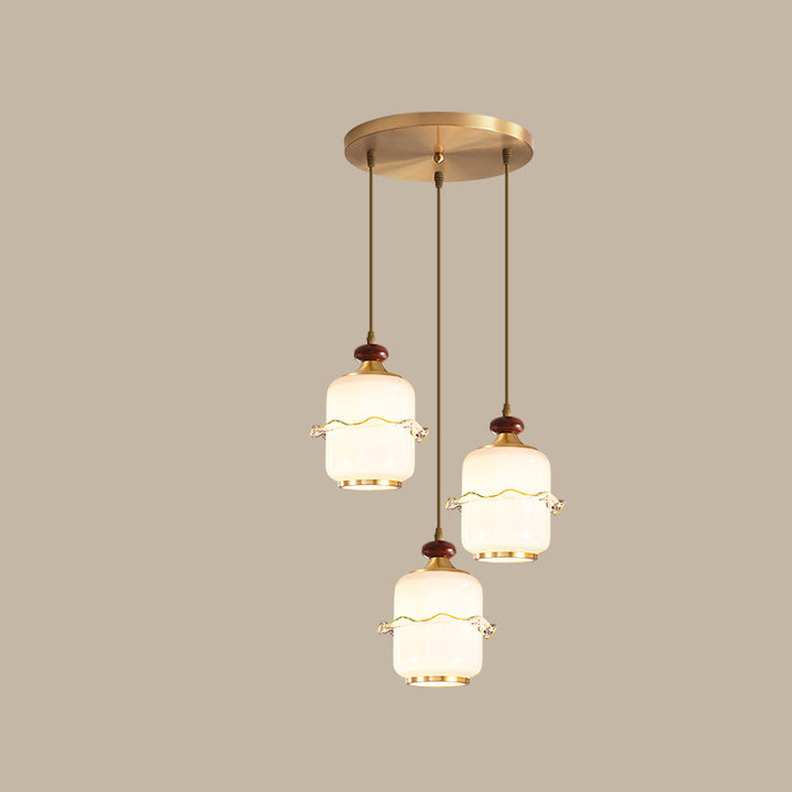 Traditional Chinese Brass Glass &amp; Wood Cylindrical Wavy Edge Fixture 1/3/5-Light Pendant Light For Dining Room &amp; Living Room