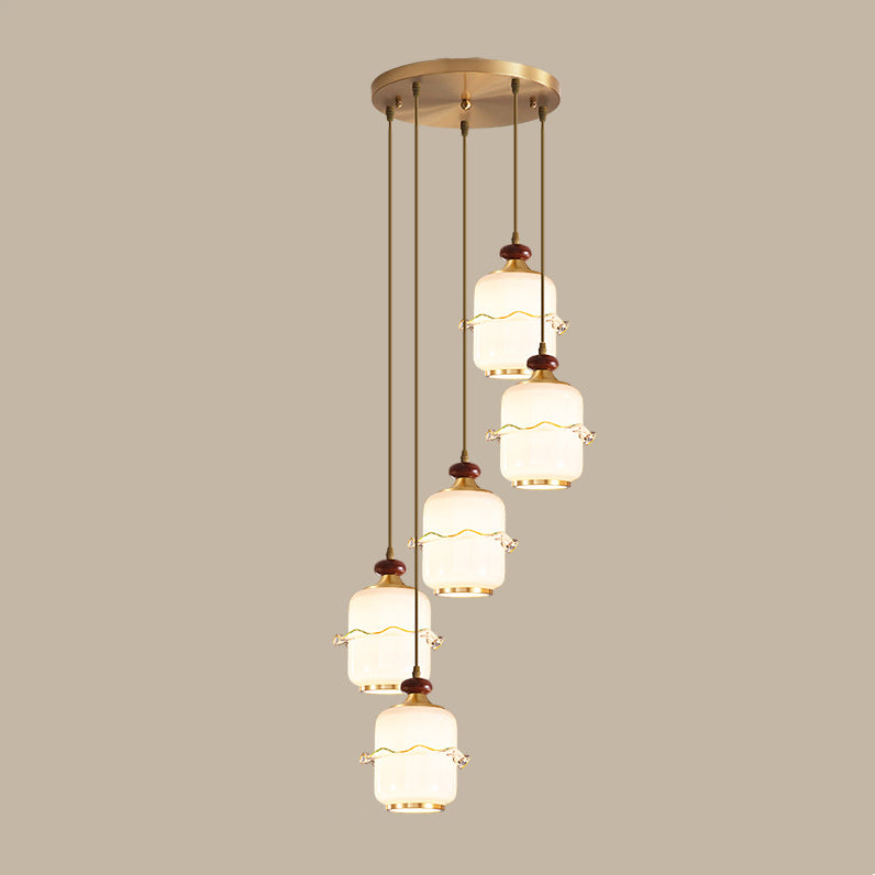 Traditional Chinese Brass Glass &amp; Wood Cylindrical Wavy Edge Fixture 1/3/5-Light Pendant Light For Dining Room &amp; Living Room