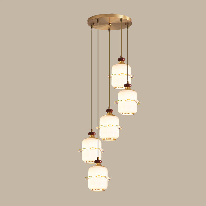 Traditional Chinese Brass Glass &amp; Wood Cylindrical Wavy Edge Fixture 1/3/5-Light Pendant Light For Dining Room &amp; Living Room