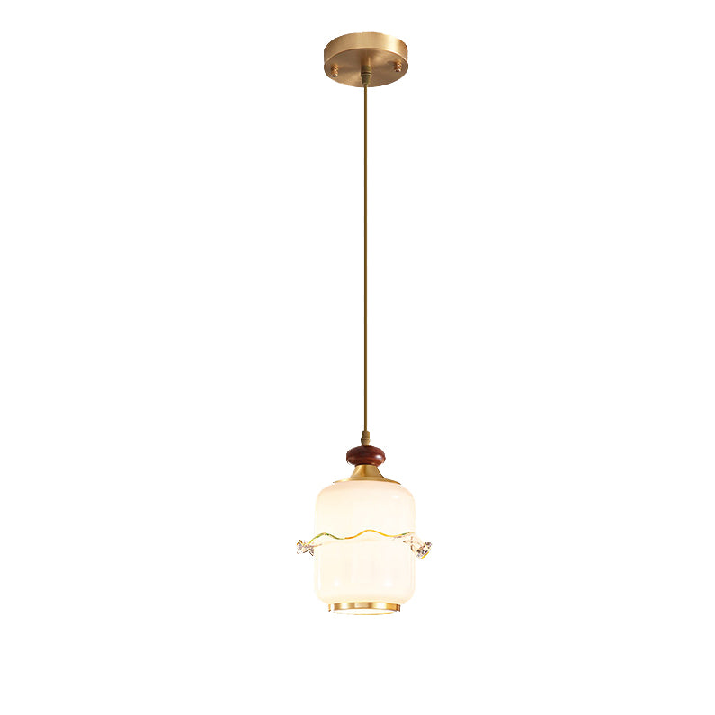 Traditional Chinese Brass Glass &amp; Wood Cylindrical Wavy Edge Fixture 1/3/5-Light Pendant Light For Dining Room &amp; Living Room