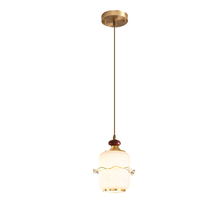 Traditional Chinese Brass Glass &amp; Wood Cylindrical Wavy Edge Fixture 1/3/5-Light Pendant Light For Dining Room &amp; Living Room