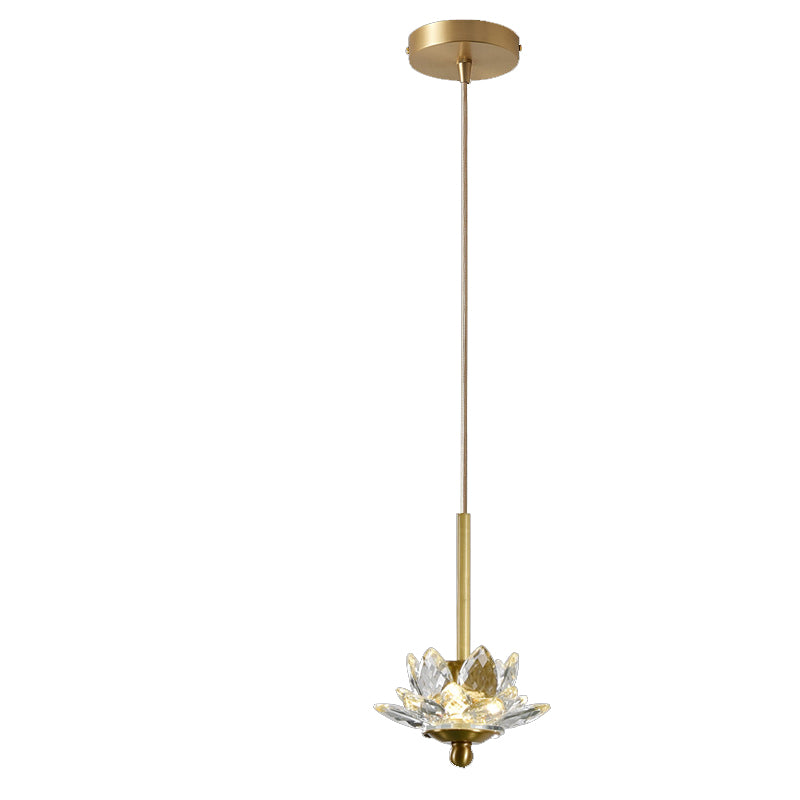 Contemporary Luxury Crystal & Brass Lotus LED Pendant Light For Bedside