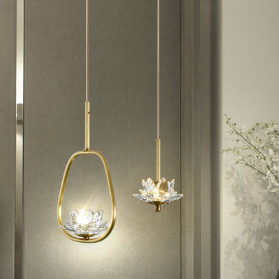 Contemporary Luxury Crystal & Brass Lotus LED Pendant Light For Bedside