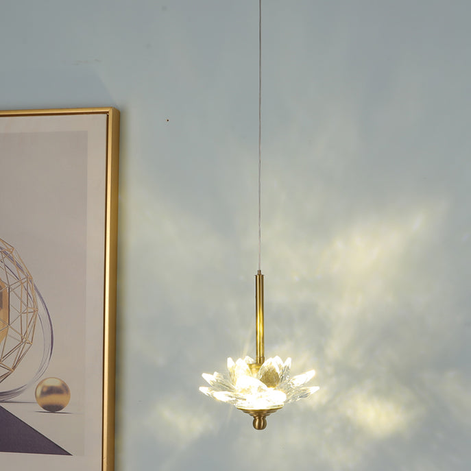 Contemporary Luxury Crystal & Brass Lotus LED Pendant Light For Bedside