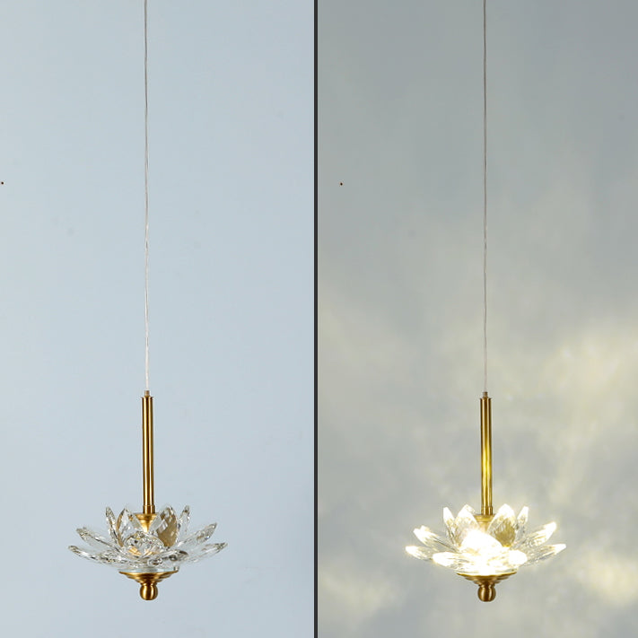 Contemporary Luxury Crystal & Brass Lotus LED Pendant Light For Bedside
