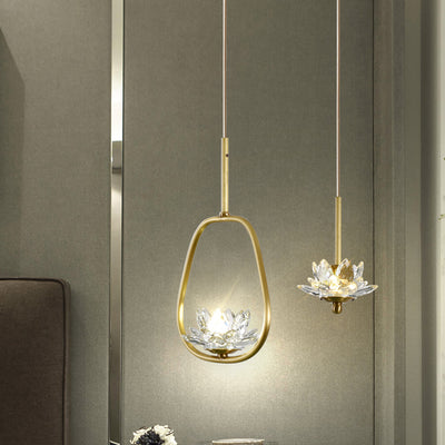 Contemporary Luxury Crystal & Brass Lotus LED Pendant Light For Bedside