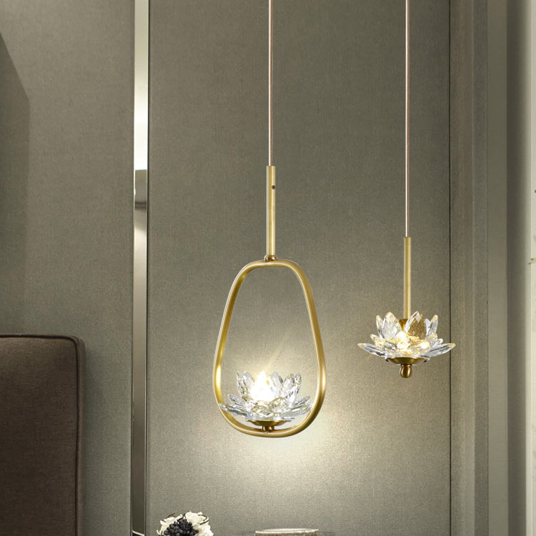 Contemporary Luxury Crystal & Brass Lotus LED Pendant Light For Bedside