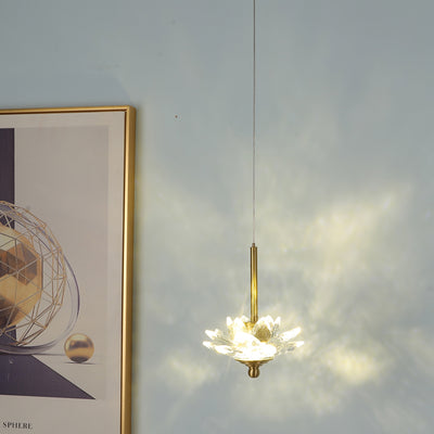 Contemporary Luxury Crystal & Brass Lotus LED Pendant Light For Bedside
