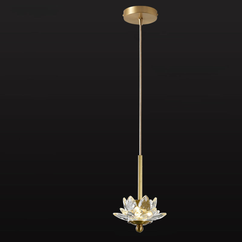 Contemporary Luxury Crystal & Brass Lotus LED Pendant Light For Bedside