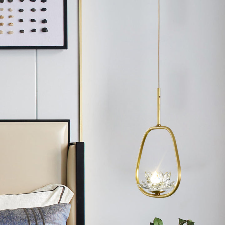 Traditional Chinese Brass &amp; Crystal Lotus Oval 1-Light Pendant Light For Bedroom &amp; Dining Room