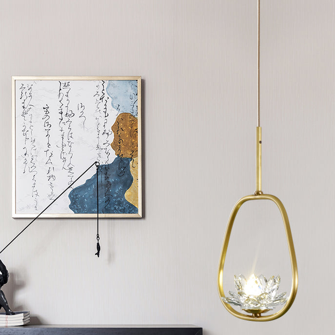 Traditional Chinese Brass &amp; Crystal Lotus Oval 1-Light Pendant Light For Bedroom &amp; Dining Room