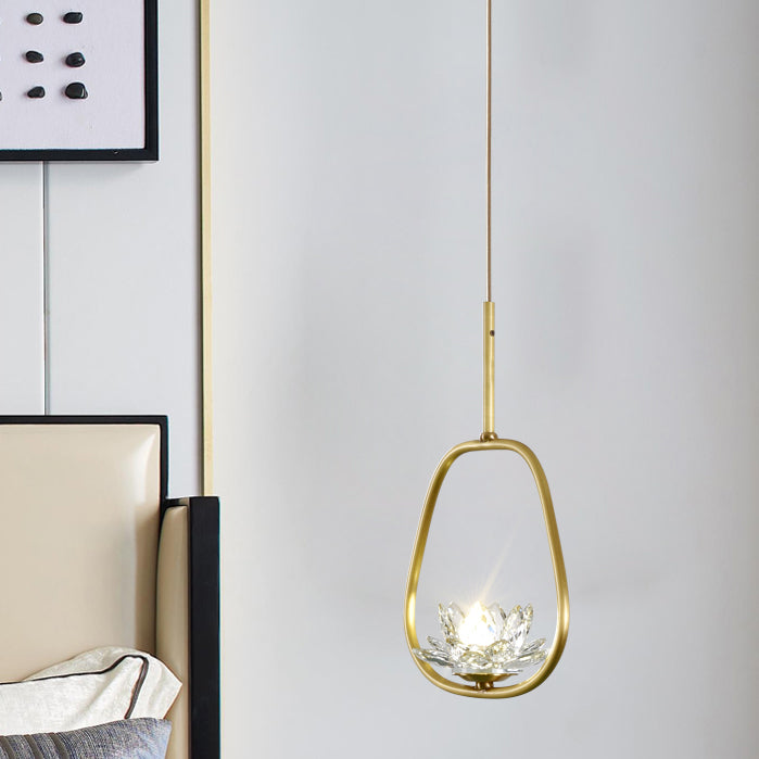 Traditional Chinese Brass &amp; Crystal Lotus Oval 1-Light Pendant Light For Bedroom &amp; Dining Room