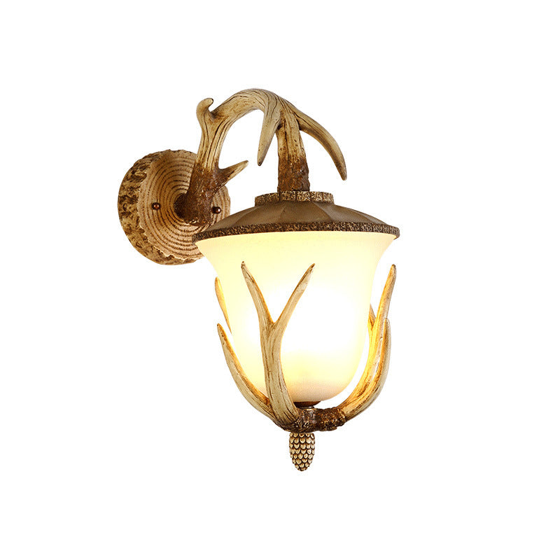 Traditional Rustic Resin Glass Hand-Carved Antler Lantern 3-Light Wall Sconce Lamp For Hallway And Dining Room