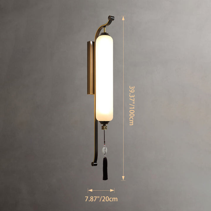 Traditional Chinese Brass Glass Jade Tassel Decoration Column LED Wall Sconce Lamp For Bedside And Living Room