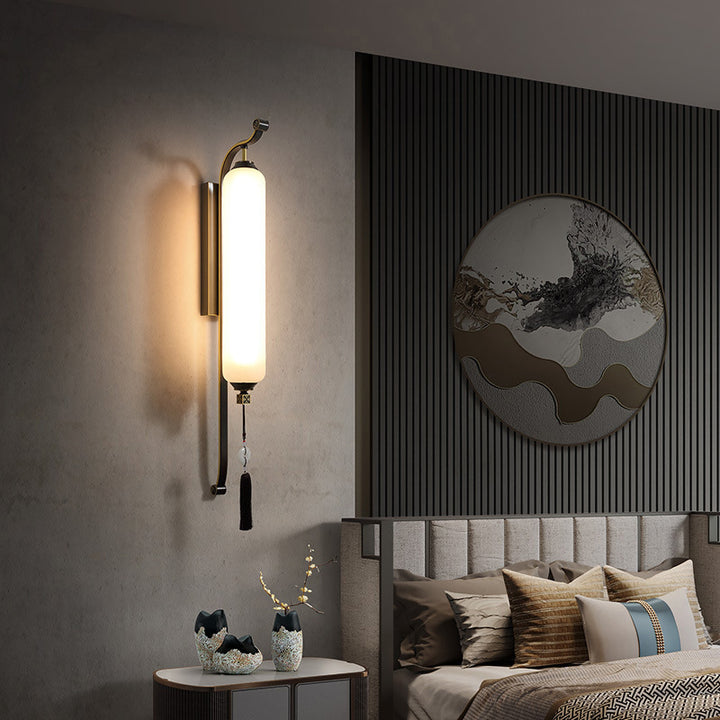 Traditional Chinese Brass Glass Jade Tassel Decoration Column LED Wall Sconce Lamp For Bedside And Living Room
