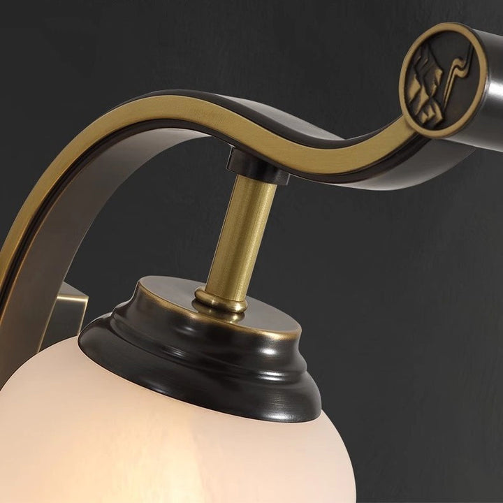 Traditional Chinese Brass Glass Jade Tassel Decoration Column LED Wall Sconce Lamp For Bedside And Living Room